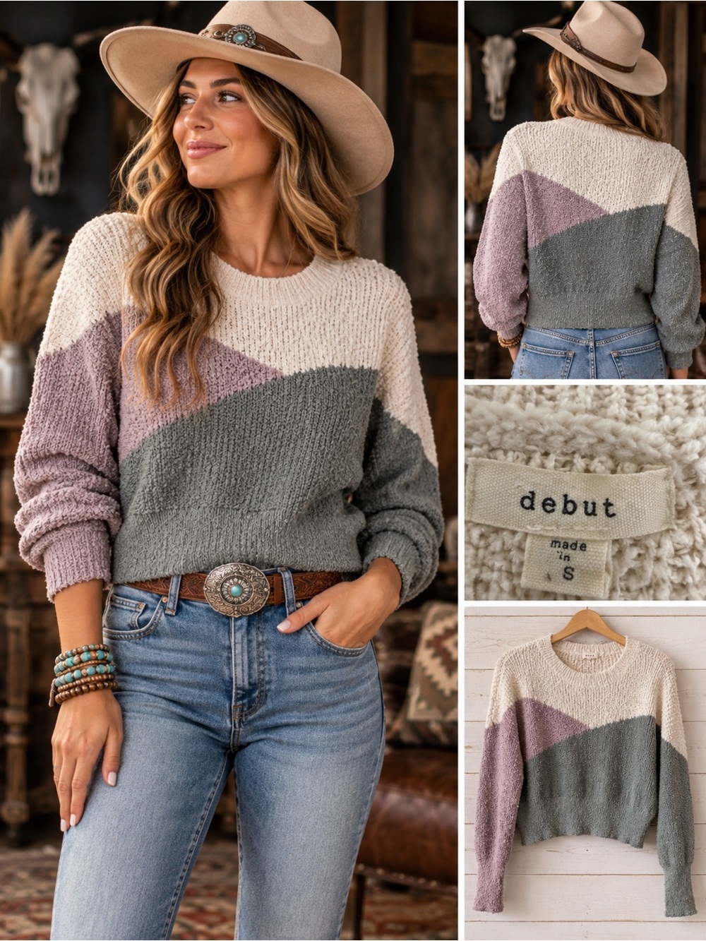Debut Colorblock Chunky Knit Cropped Sweater Cream Mauve Sage S